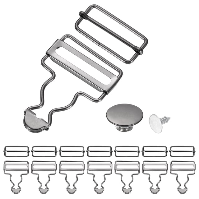 Uxcell 8 Set Metal Overalls Buckles, 1-3/8" Overall Suspender Clips, Adjustable Buckle Replacement with Sliders and Buttons for Bib Trousers Jeans Suspender, Dim Gray