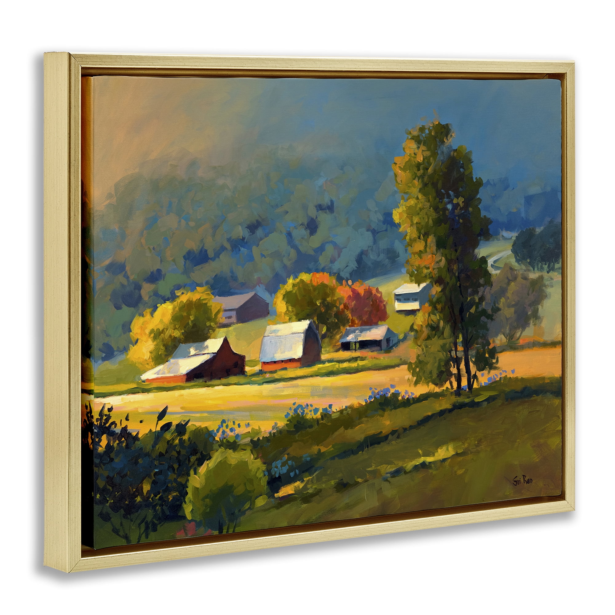 Stupell Industries Early Fall Farmland Landscape & Nature Painting Gold Floater Framed Canvas Art Print Wall Art, 31 x 25