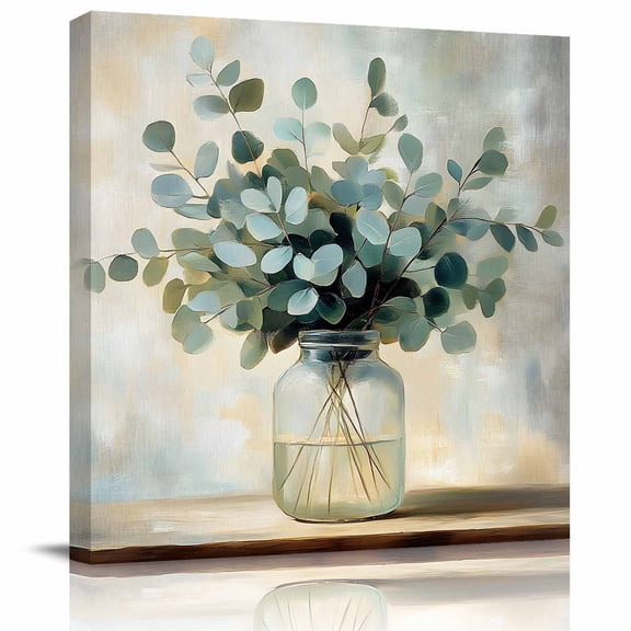 Wall Art Prints, Green Eucalyptus Framed Canvas Prints for Bedroom Living Room Bathroom Office, Botanical Leaves Spring Retro Art Gallery Wrap Wall Art Poster for Gifts Home Decor 16"x16"