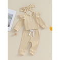 thumbnail image 4 of xiaxaixu Infant Baby Girl Fall Outfit Solid Color Ribbed Long Sleeve Romper Long Pants Bow Headband 3Pcs Set, 4 of 9
