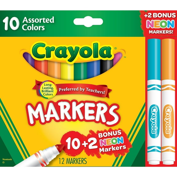 Crayola Markers, Broad-Line, Assorted Colors, 12 Count, 2 Bonus Neon Pack