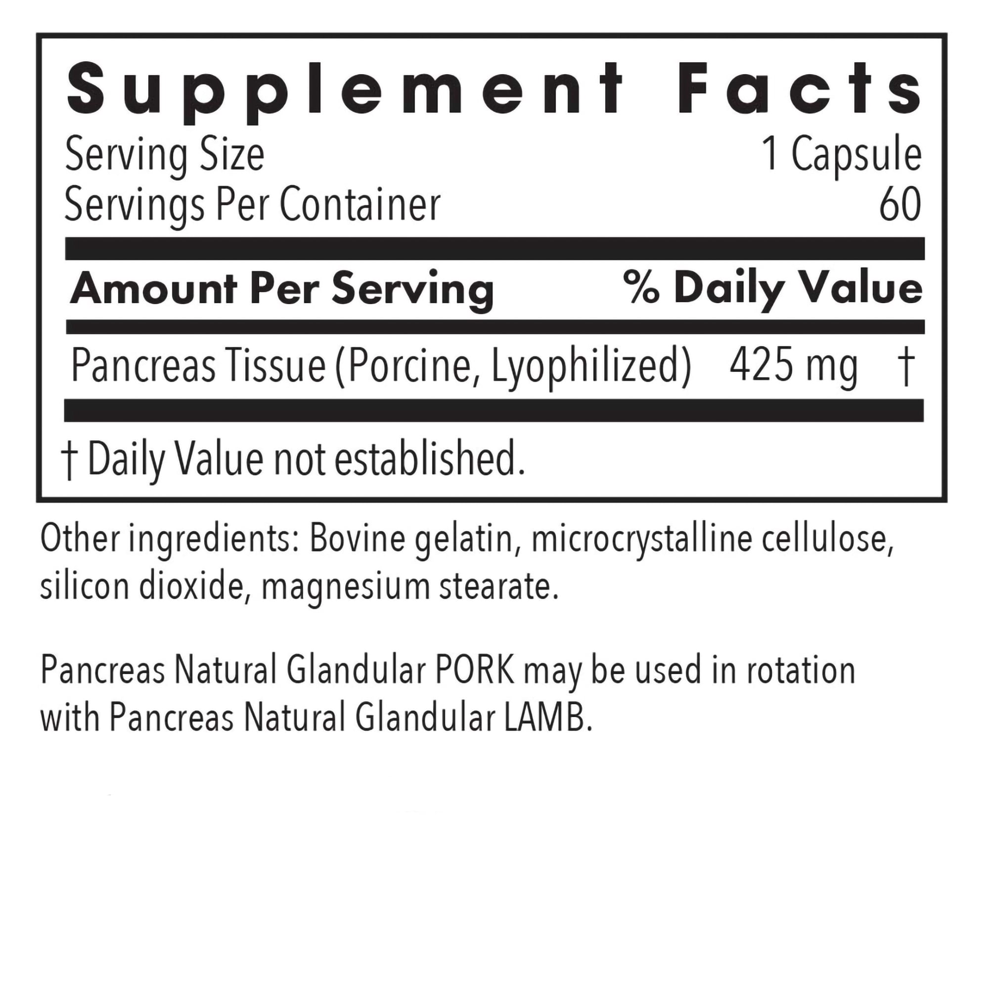 ARG Pancreas Natural Glandular - Supports Healthy Pancreas, Immune & Digestive Activity - 425 mg per Serving - Freeze Dried Tissue from Pork - 60 Servings - 60 Capsules
