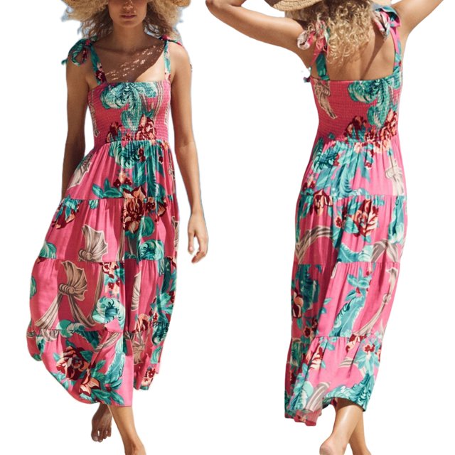goowrom Femmes Imprimé Slip Sans Manches Cravate Bateau Cou Maxi Robe