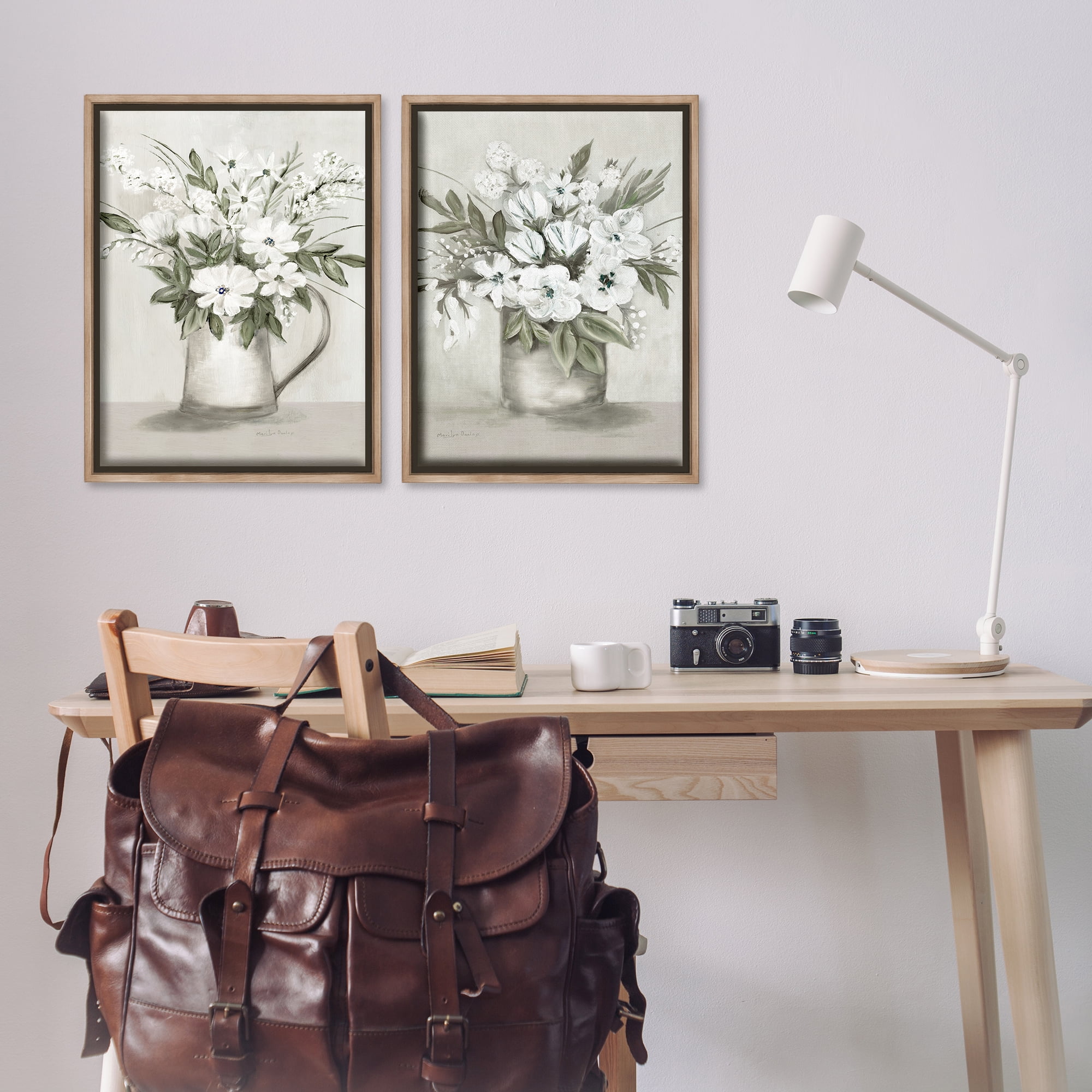 Stupell Industries Country Vases with Bouquets Plants & Flowers Painting Brown Floater Framed Canvas Art Print Wall Art, 21 x 31, Set of 2