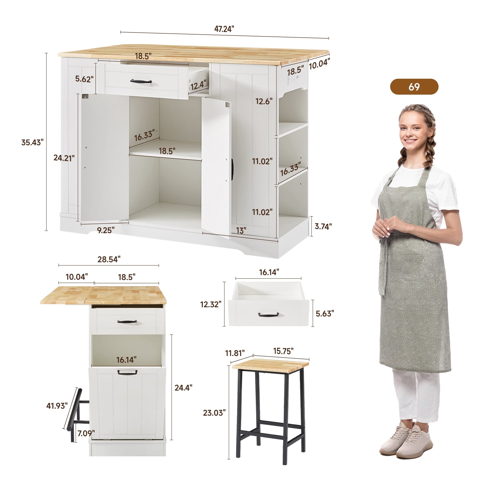 ROGALIS 47"Kitchen Island with 2 Chair, White – details