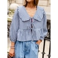 thumbnail image 6 of Elippeo Women's Summer Sweet Shirt Plaid Print Lantern Long Sleeve Doll Collar Bow Tie-Up Front Loose Peplum Tops, 6 of 8
