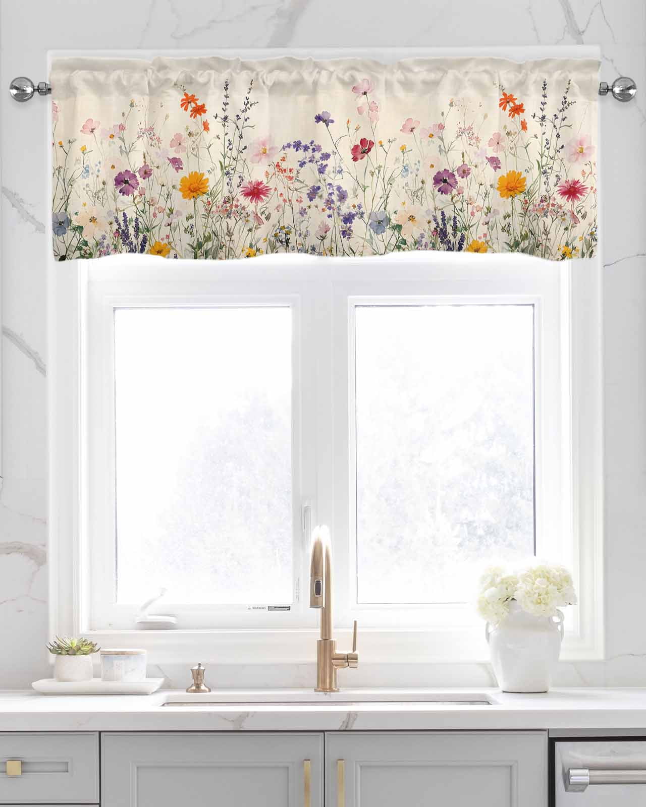 Vintage Spring Floral Kitchen Valances for Windows Farmhouse Linen Window Valance Curtain for Living Room Window Treatment Summer Botanical Flowers Valance Rod Pocket Topper Drape, 60 x 18 Inch