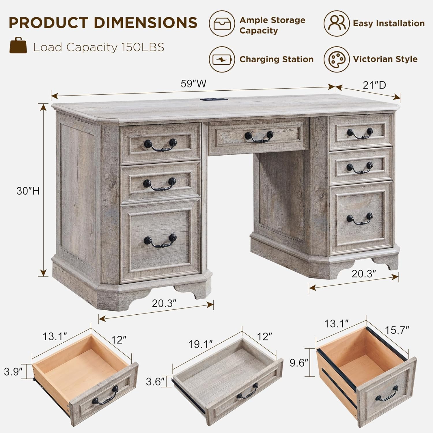 OKD 59" Farmhouse Office Desk，Rustic Desk - Engineered Wood，Corner Desk Charging Station，File drawer，For Study & Living Room Use