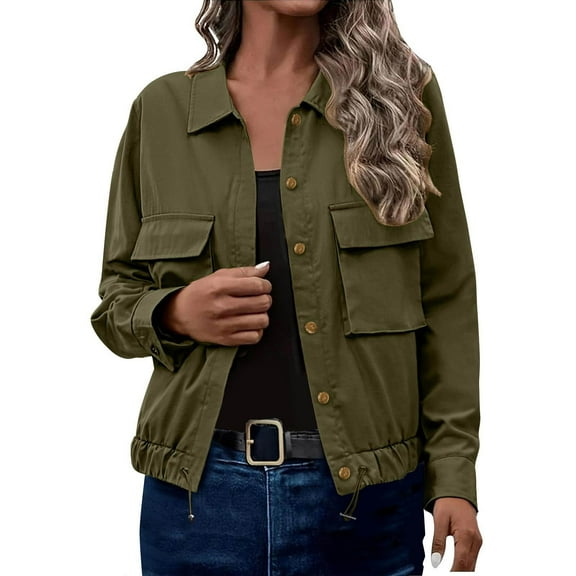Ailaofu Women's Military Safari Cropped Jackets Button Down Lightweight Oversized Utility Anorak Coat with Pockets