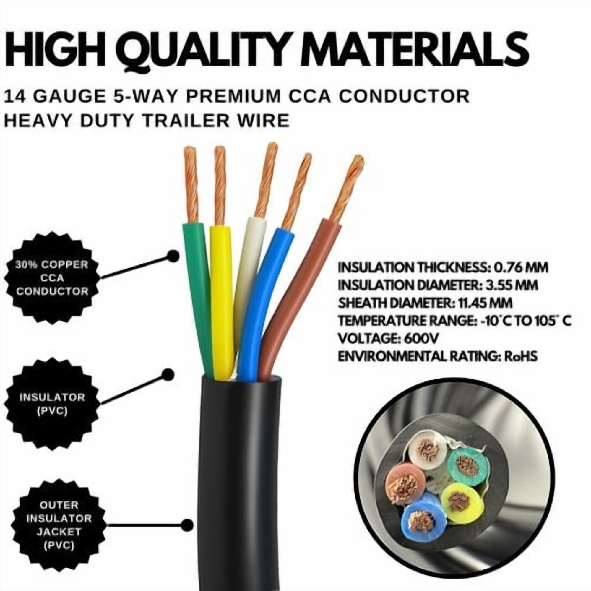 5 Way Trailer Wire 14 AWG/Gauge CCA 5 Conductor Copper Clad Aluminum 100FT