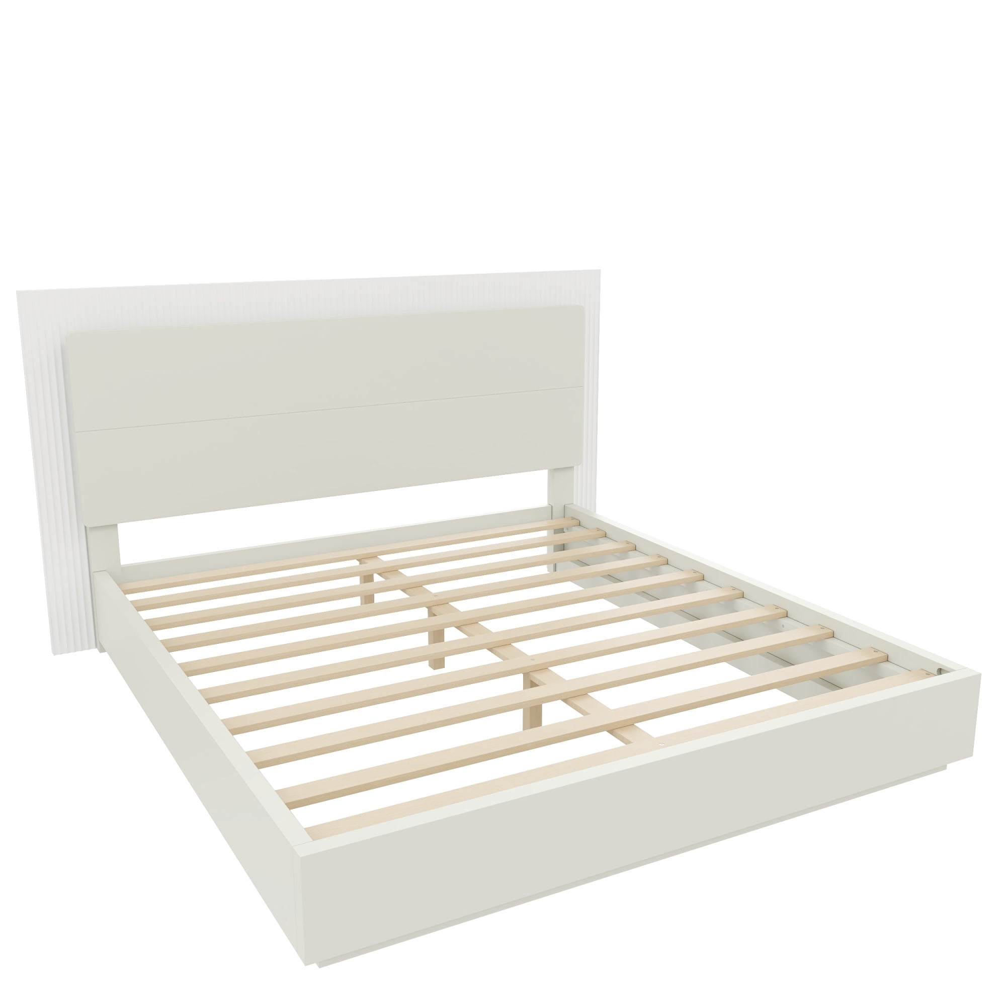 Euroco Wood King Size Platform Bed with LED Light Headboard, No Box Spring Needed, White