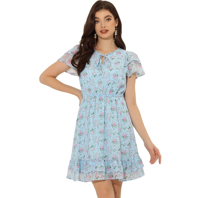 Vestido De Mujer Con Volantes Y Volantes Con Cuello En V Y Gasa Por Encima De La Rodilla Azul Claro S