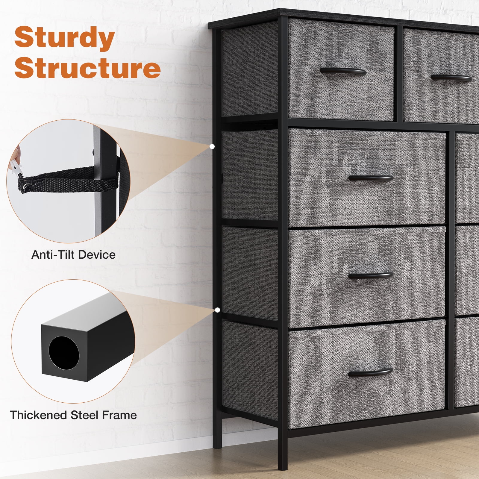 CONCETTA 9-Drawer Fabric Dresser Storage Chest for Bedroom, Closet, Storage Furniture for Adults, Gray