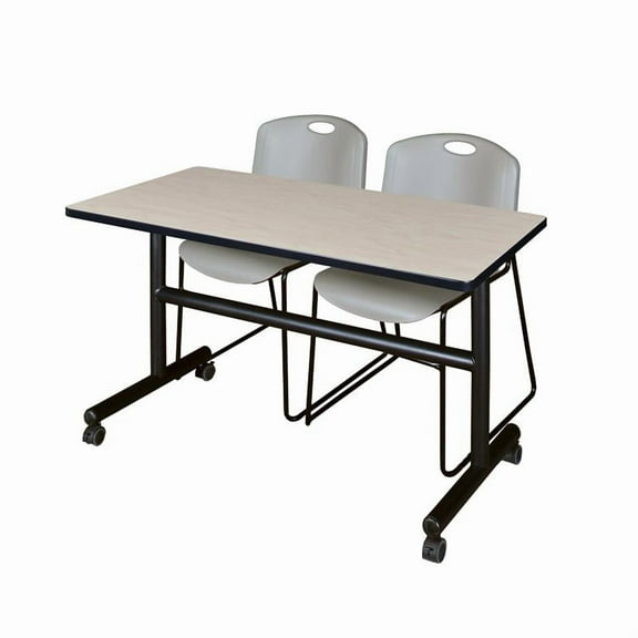 48" x 30" Flip Top Mobile Training Table- Maple and 2 Zeng Stack Chairs- Grey
