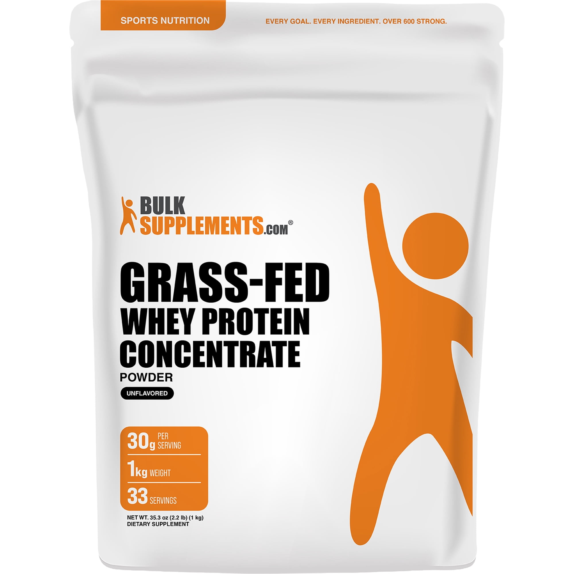 BulkSupplements Grass-Fed Whey Protein Powder - Whey Protein Concentrate, Protein Supplement - Unflavored, 1kg (2.2 lbs)