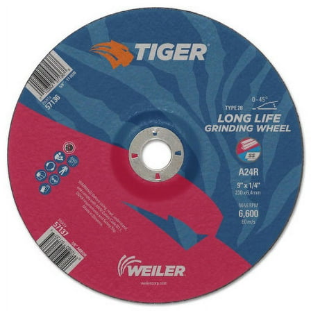 Weiler Tiger Grinding Wheels, 9 in Dia., 1/4 in Thick, 7/8 in Arbor, 24 Grit - 10 EA (804-57137)