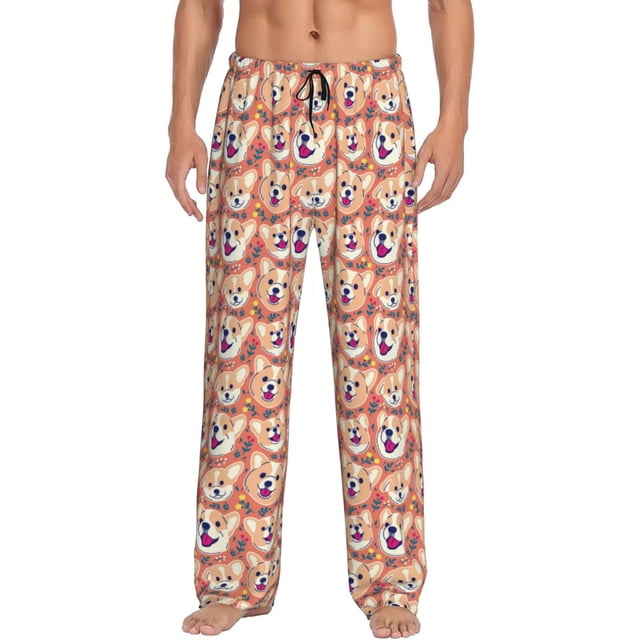 Fotbe Corgi Head with Floal Pantalones de Pijama para Hombre, Pantalones de Dormir, Pantalones de Casa con Cintura Ajustable y Bolsillos-XX-Large