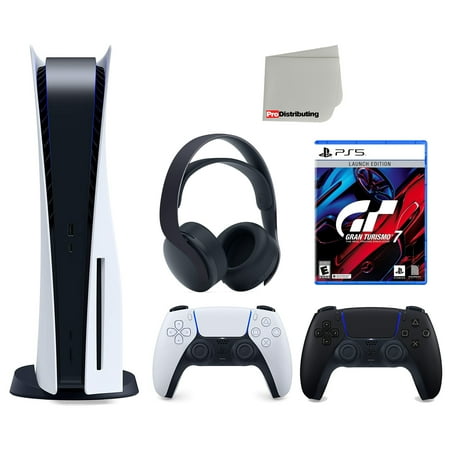 Sony Playstation 5 Disc (PS5 Disc) with Extra Black Controller, Gran Turismo 7 Launch Edition and Black PULSE 3D Headset Bundle with Cleaning Cloth