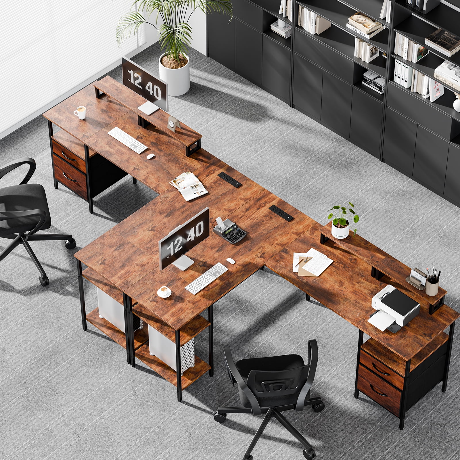 CONCETTA Modern L-Shaped Computer Desk with Power Outlet, Reversible Gaming Desk with Fabric Drawer & 2 Monitor Stands for Home Office, Rustic