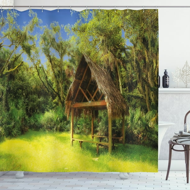 Tiki Bar Decor Shower Curtain, Tiki Hut in Dreamy Fantasy Forest