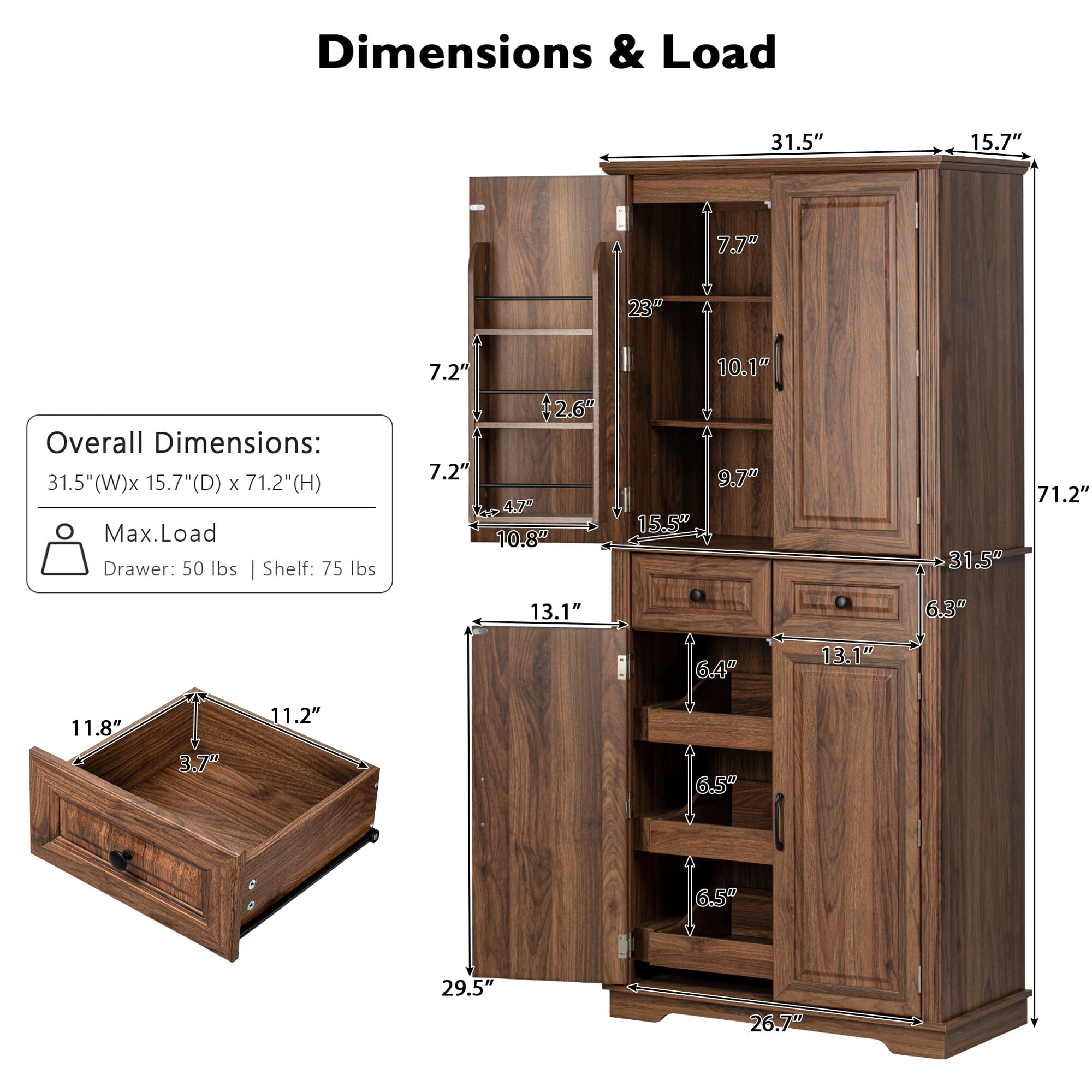 71" Tall Kitchen Pantry Cabinet with 3 Pull-Out Organizers, 6 Door Shelves, 2 Drawers, Farmhouse Embossed Texture, Freestanding Storage for Kitchen & Dining Room