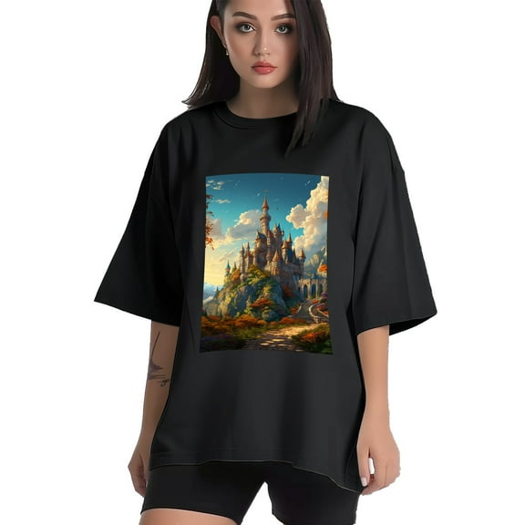 Plus Size Shirt for Women Black Tops for Women Short Sleeves Shirt for Women Castle (29） T Shirt Crewneck Shirt for Women XS