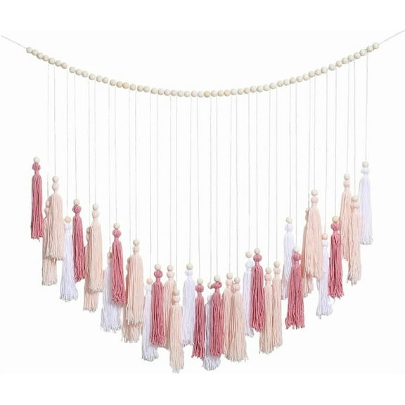 1set Tassel Hanging Wall Art Decorations with Wooden Bead Pearl Pink 1180x560x16mm