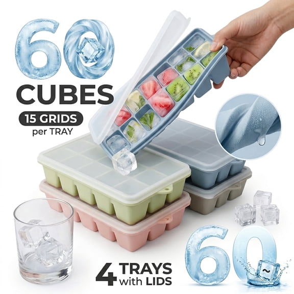 4 Pack Ice Cube Trays,Silicone Ice Cube Molds with Removable Lid, Easy Release Ice Molds, Reusable and Stackable Ice Trays for Freezer for Cocktail, Whiskey,BPA Free,Durable and Dishwasher Safe