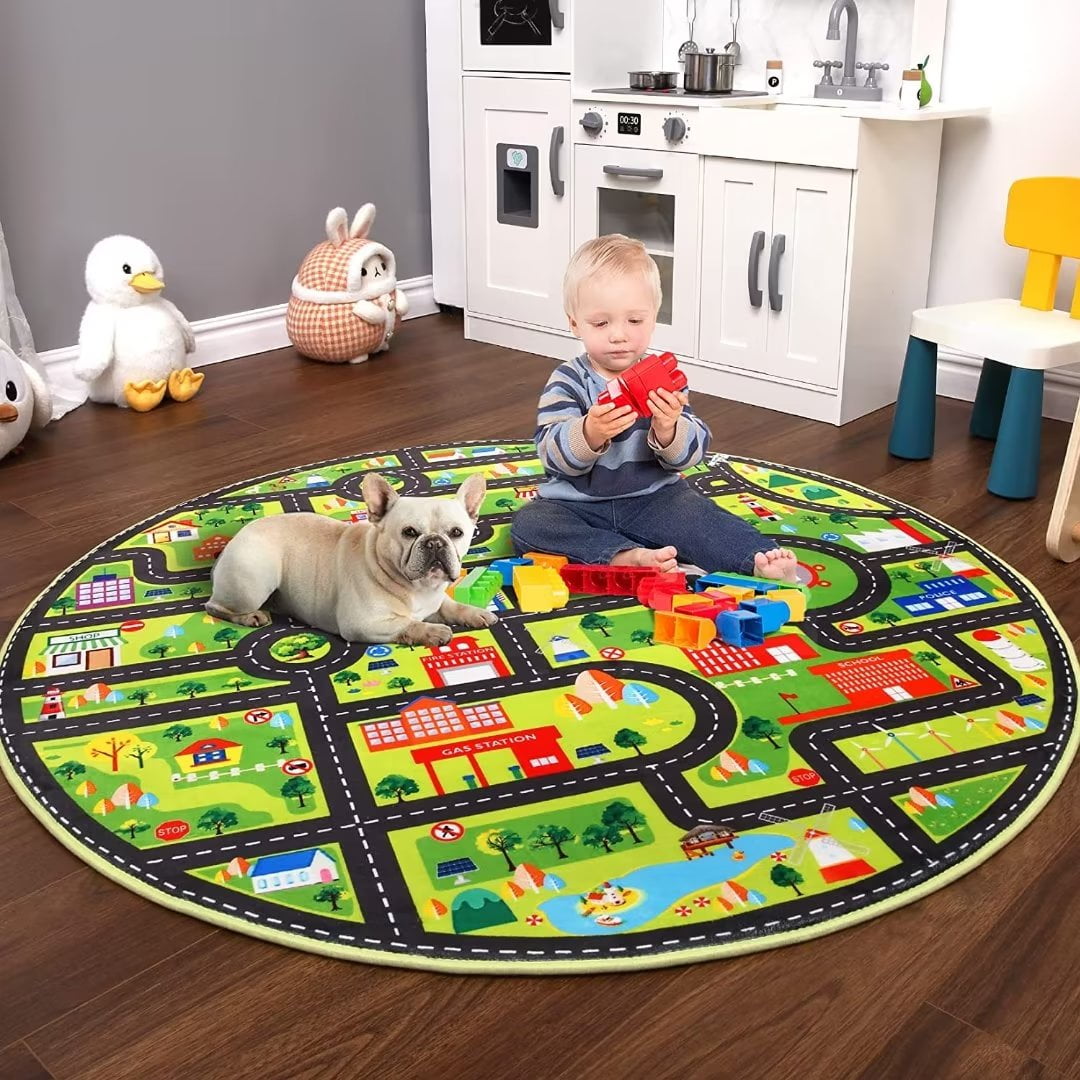 Haperlare Round Kids Playmat 4ft Car Rug Toddler Classroom Kids Road Traffic Carpet Non Slip Nursery Rug City Map Educational Rug for Bedroom Kids Boys Room, Black