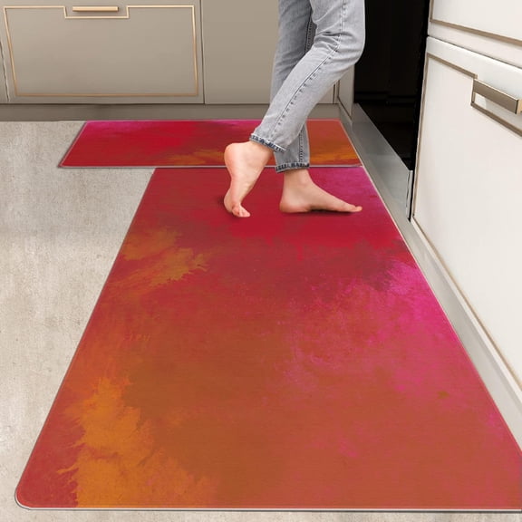 2 Pieces Kitchen Rugs, Abstract Anti Fatigue Non Slip Foam Cushioned Red Orange Dappled Art Modern Comfort Indoor Floor Mat Runner Rug Set for Laundry Office Sink Bathroom (17"x48" 17"x24")