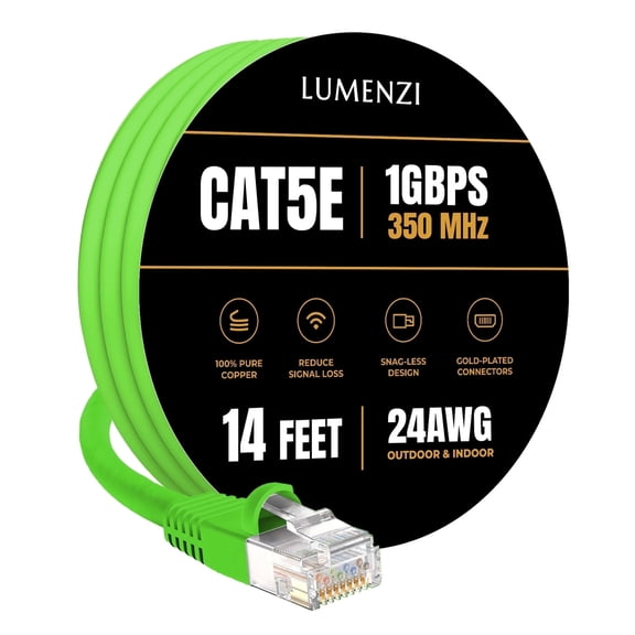 Cat 5e Ethernet Cable 14 FT in Green 1 Gbps Speed Network Long Round Rj45 Outdoor Indoor Direct Burial Bare Copper LAN Patch Cable for Router Gaming PS5 XBOX Printer Computer CCTV Switch