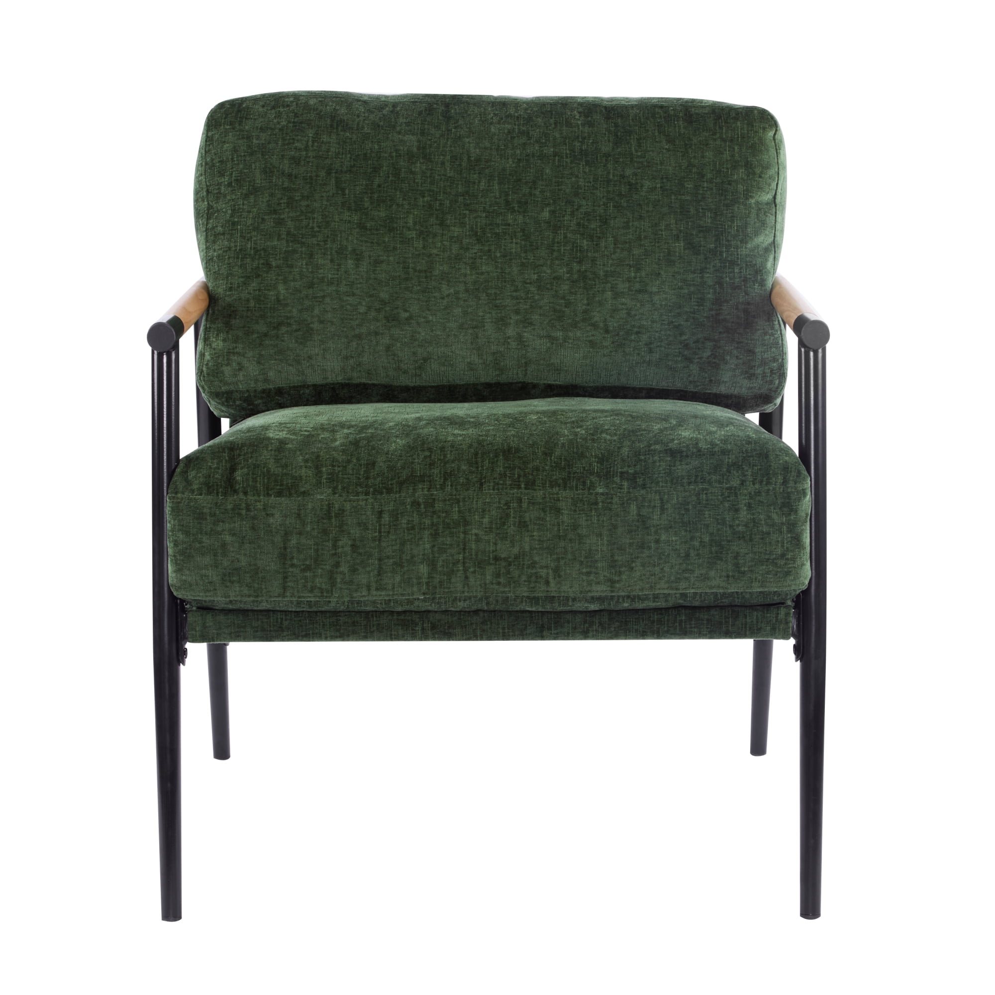 Leumius Modern Accent Chair with Plush Cushions, Minimalist Metal Frame and Wooden Armrest Design for Living Room Bedroom Office Green
