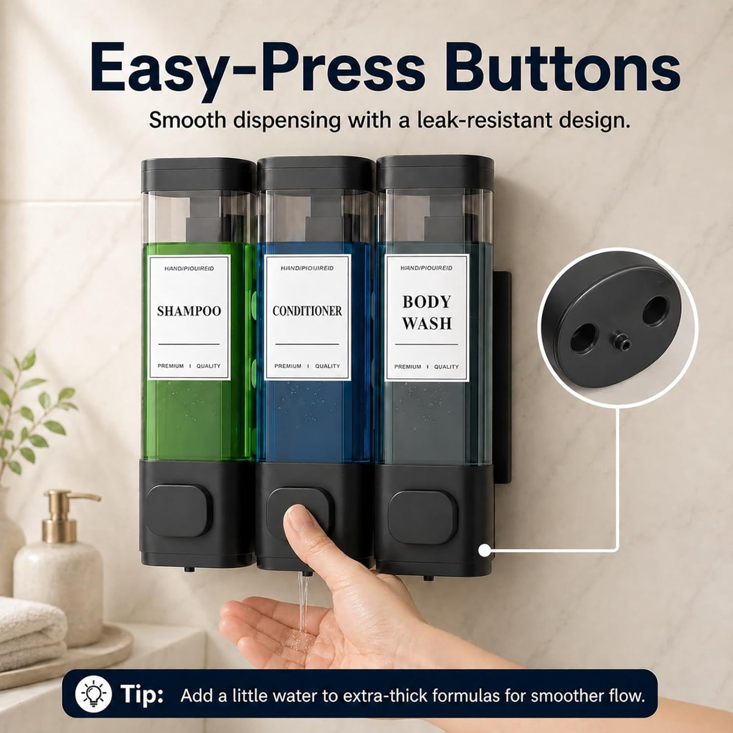 Shampoo and Conditioner Dispenser – Wall-Mounted Shower Soap Dispenser, No-Drill Installation, Lockable, 900 ml Capacity,for Bathroom & Hotel or Airbnb