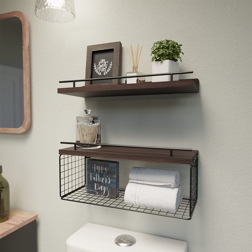 Set of 2 Wall Shelf, 15.7"L Floating Shelves with Wire Basket for Wall Decor, Boho Rustic Wood Wall Shelves Clearance Toilet Storage Shelf for Bathroom, Bedroom, Home, Farmhouse and Plant - Brown