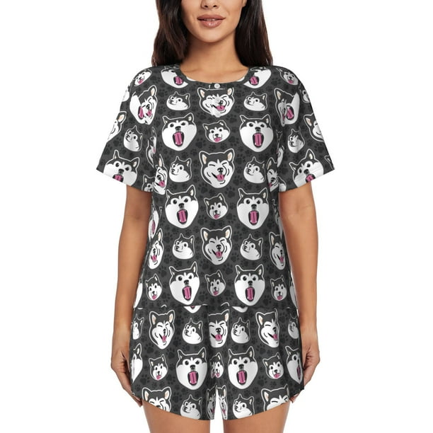 Fotbe Husky Conjunto de Pijama Estampado para Mujer, 2 Piezas, Ropa de Dormir con Camiseta de Manga Corta y Shorts Suaves-Large