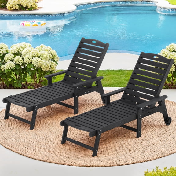 Dycanpo Lounge Chair Outdoor Set of 2, Resin Chaise Lounge with Wheels & Adjustable Backrest, Black