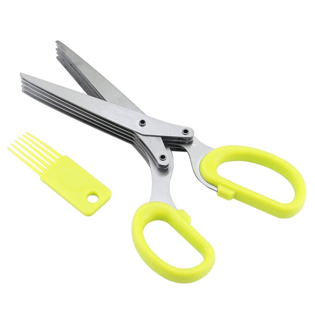 Tijeras de cocina de 5 capas de acero inoxidable, herramienta rallada para sushi de cebolleta (amarillo)