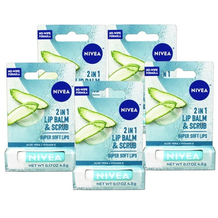 5 Pack - Nivea 2in1 Lip Balm & Scrub Super Soft Lips, Aloe Vera + Vitamin E, 0.17 oz (4.8 g)