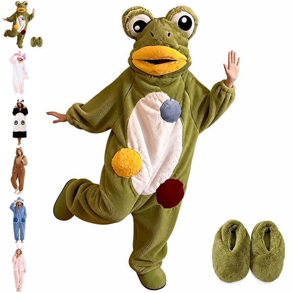 Xaqiouau Adult Frog Onesie Pajamas for Men Women Plush Fleece Animal One Piece Jumpsuit Hooded Warm Loungewear Sleepwear with Slippers