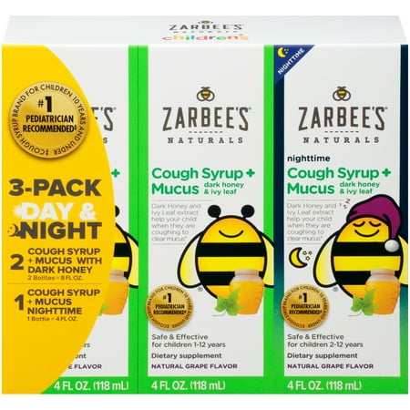 Cough Relief Syrup - Zarbee's® Naturals 3 Pack Day & Night Cough Syrup + Mucus with Dark Honey Dietary Supplements 3-4 fl. oz. Bottles