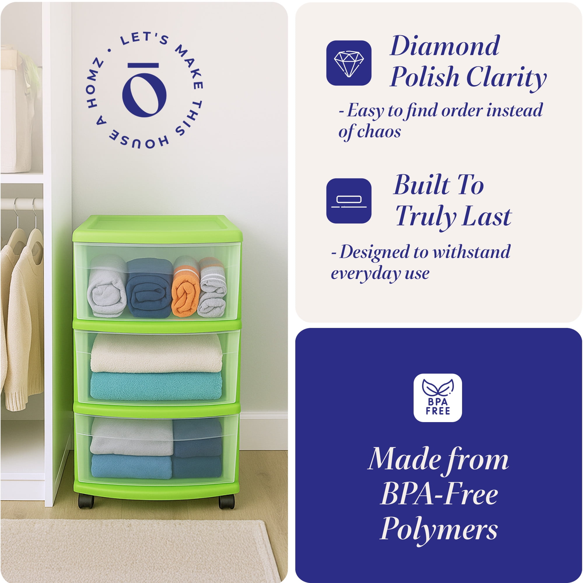 Homz 3-Drawer Medium Storage Container, Clear Drawers/Lime Frame (2 Pack)