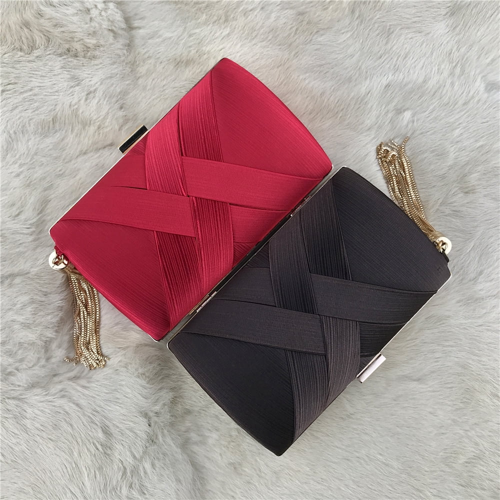Handheld Women's Evening Clutch Bags Silk Satin Party Handbags Bridal Wedding Purses with Tassel Pendant,Dark Brown