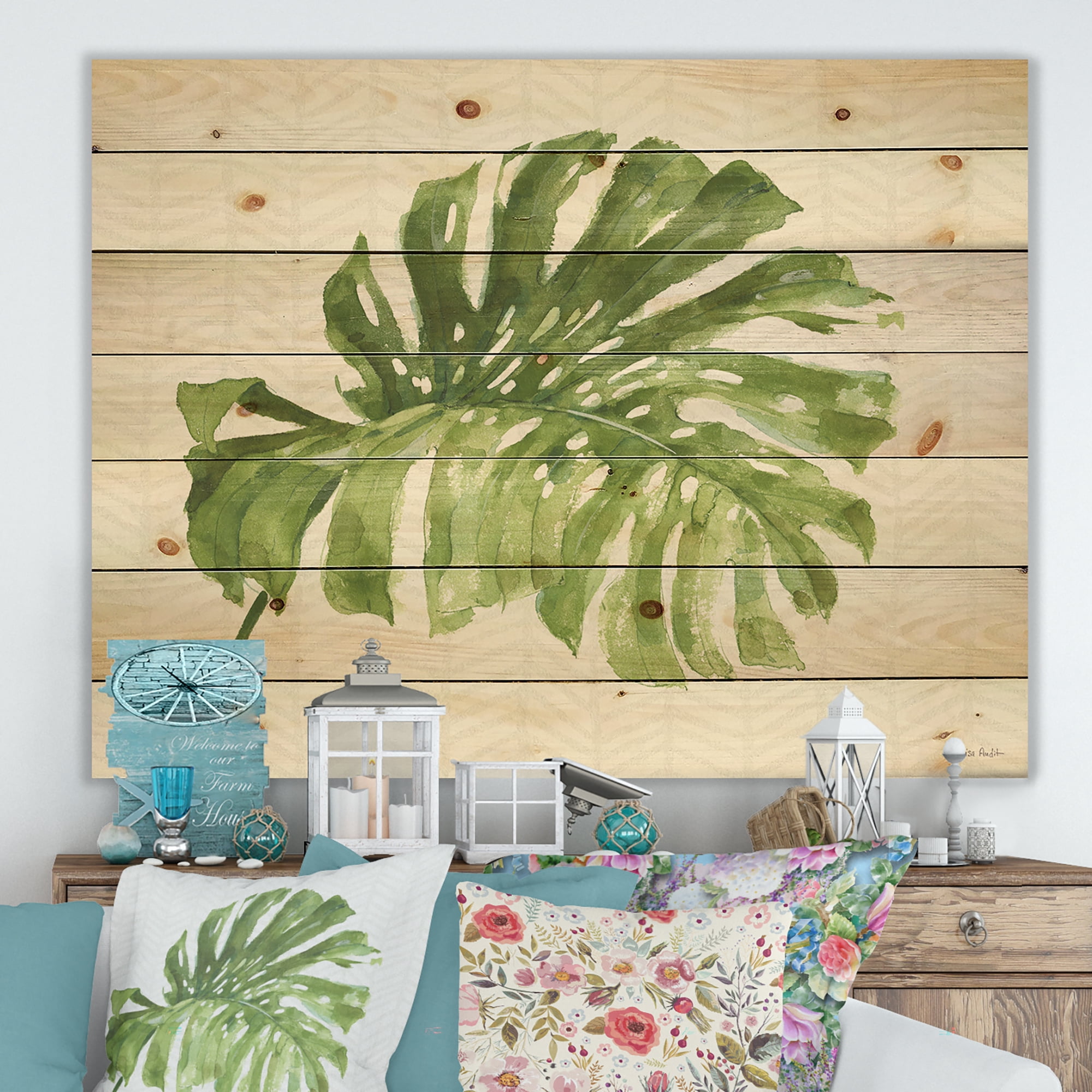 Designart 'Botanical Mixed Green Leaves V' Cottage Print on Natural Pine Wood