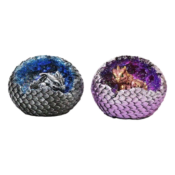 Set of 2 Galaxy Space Baby Dragons In LED Light Faux Geode Quartz Eggs Figurines