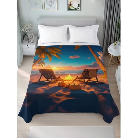 King Flat Sheet Only Autumn Beach Campfire Pumpkin Soft Microfiber Cooling Bedding Sheets Fall Sunset Seaside Theme Flat Bed Sheet for Hotel Home Decor