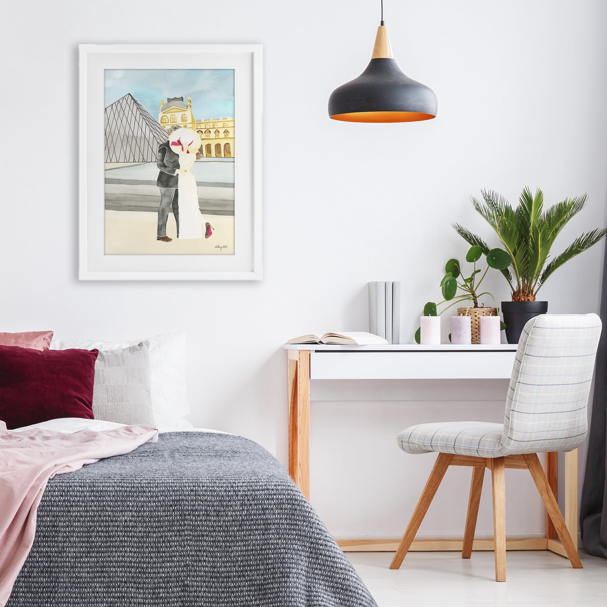 Stupell Industries Couple Embrace At The Louvre White Framed Print Under Glass, design by Hillary Holt