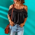 thumbnail image 2 of Tops de verano con hombros descubiertos para mujer, camisa elegante de manga corta con encaje de Color sólido, blusa para citas, negro, XXL, 2 of 6