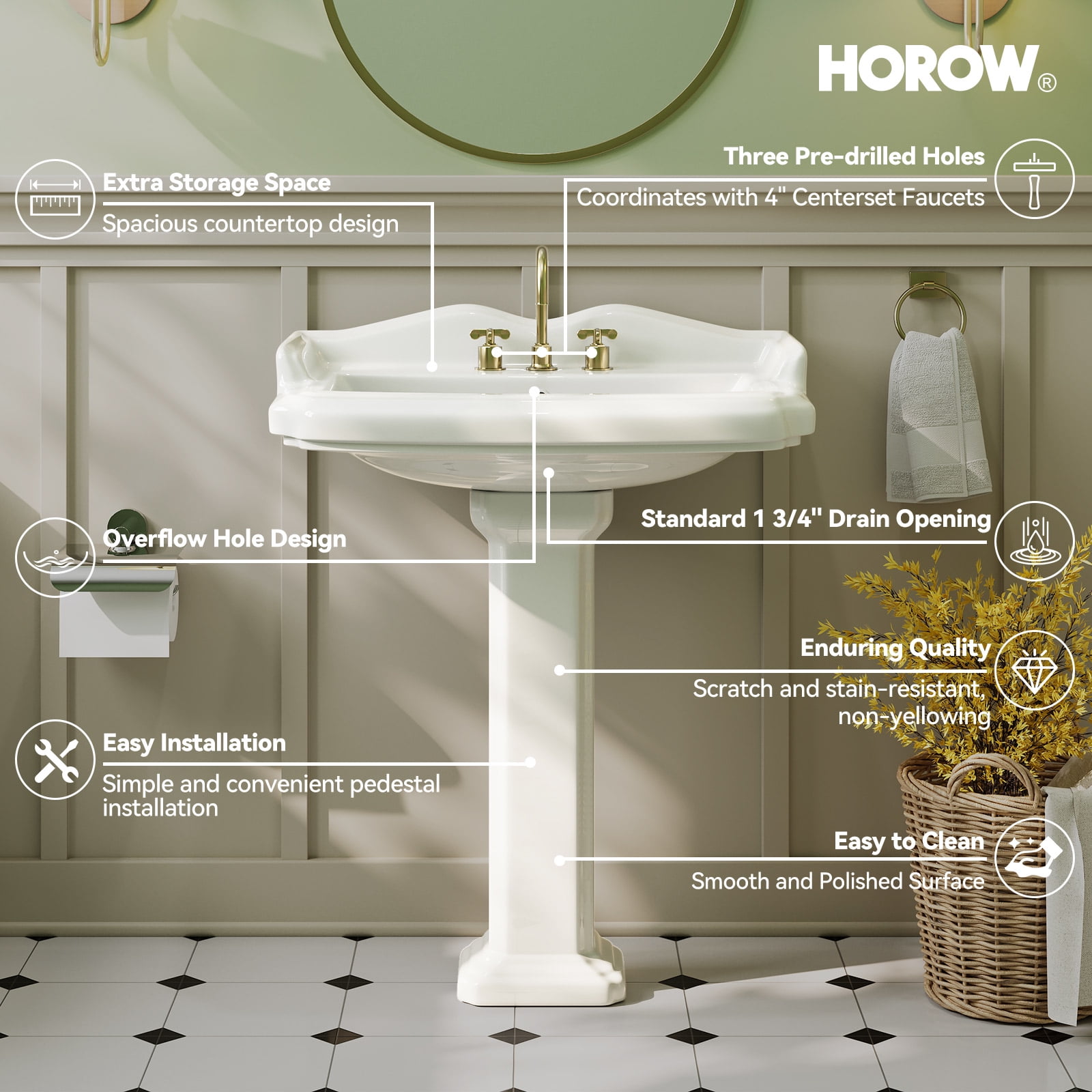 HOROW Bathroom Pedestal Sink, 23" W X 19" D Vintage Rectangular,with Overflow & 3 Pre-Drilled Holes