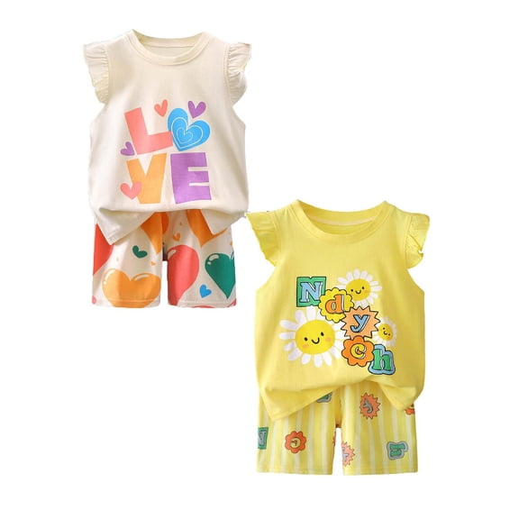 JUMESGU Girls Summer Outfits Size 4-14 Years Graphic Print T-Shirts and Biker Shorts 4 Piece Outfit Kids Cute Clothing Sets (Beige & Yellow,3-4 Years)