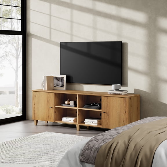 71" Wide TV Stand Cabinet for 75 Inches TVs, Modern Wood Low Media Console with Door & Shelves, Dark Brown